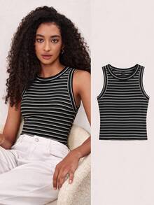 SHEIN BASICS 女款條紋圓領休閒百搭背心 - 巧克力棕 - 查看 12
