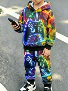 1 Set Ragazzi Giovani Casual alla Moda Felpa con Cappuccio Stampa Spaziale Console di Gioco Neon Colorata + Pantaloni, Abbigliamento Scolastico Quotidiano Autunnale Ritorno a Scuola - Multicolore - Visualizzare 1