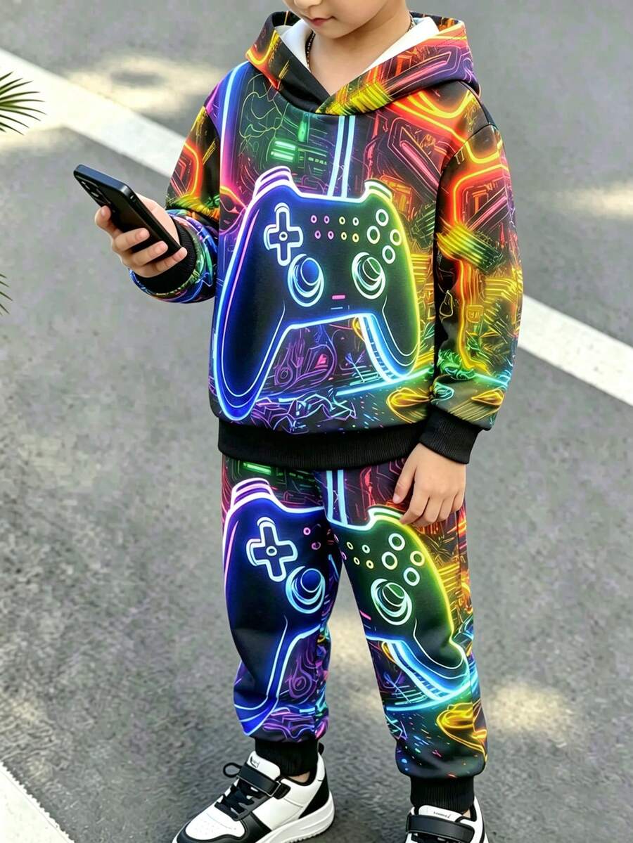 1 Set Ragazzi Giovani Casual alla Moda Felpa con Cappuccio Stampa Spaziale Console di Gioco Neon Colorata + Pantaloni, Abbigliamento Scolastico Quotidiano Autunnale Ritorno a Scuola - Multicolore - Visualizzare 1