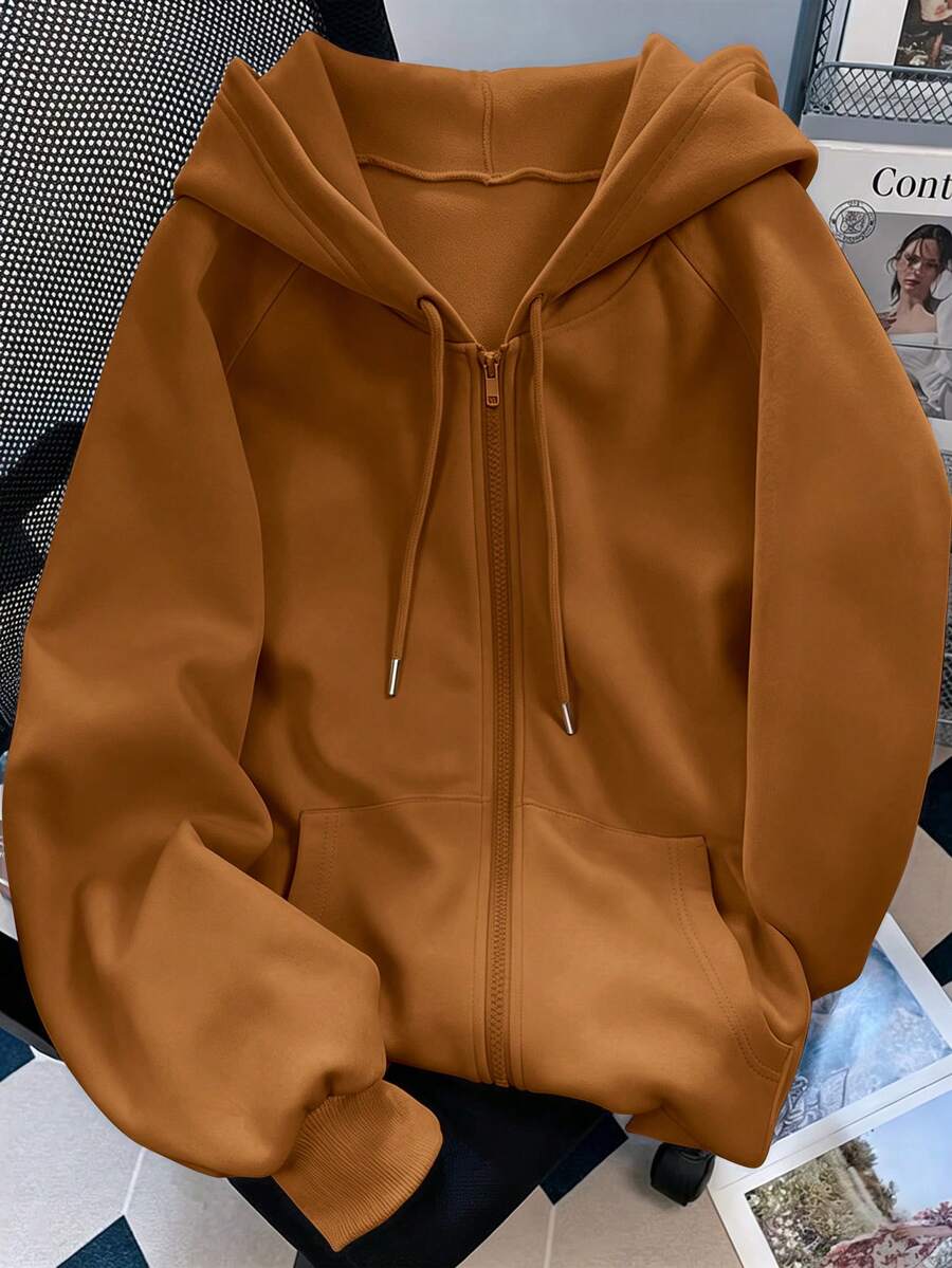 Resyla Women's Solid Color Raglan Long Sleeve Zipper Front Hooded Jacket - Mocha Brown - View 1