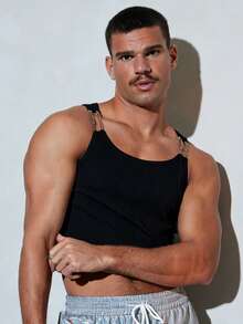 FeverCity Men's Cotton Ribbed Slim Fit Sexy Charming White Tank Top - Black - View 4