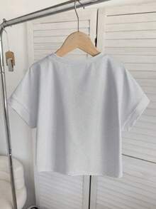 SHEIN 青少年女孩休閒純色寬鬆圓領捲袖短袖短版T恤 - 灰色 - 查看 3
