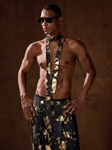 HIMLAND Men's Gold Foil Pattern Long Sleeve Jacket And Pants Suit Set - Black - View 7