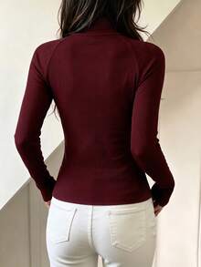 Trelyra Zipper Slim Fit High Neck T-Shirt Long Sleeve - Burgundy - View 2