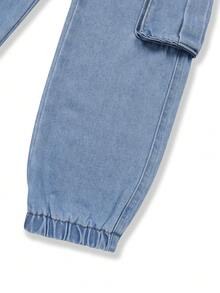 Celana Jeans Denim Saku Kargo Pinggang Tali Serut untuk Anak Laki-Laki Remaja - Medium Wash - View 9