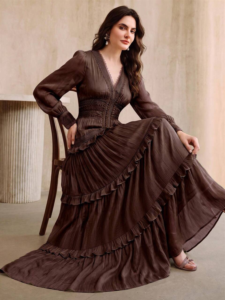Anewsta New Fashion Romantic Ruffle Trim Patchwork V-Neck Puff Long Sleeve Holiday Outfit Long Dress For Women Autumn/Winter