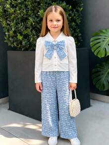 SHEIN Elladie kids 幼女幼童秋冬優雅花卉提花大蝴蝶結翻領鈕扣襯衫外套與寬腿褲休閒2件套服裝套裝 - 藍色 - 查看 3