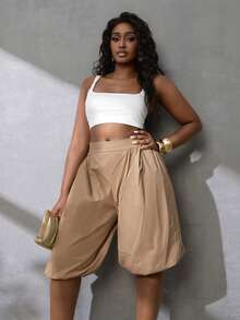Zolique Women's Fashionable Retro Hip Hop Khaki Elastic Waist Wide Leg Capri Shorts - Khaki - View 9
