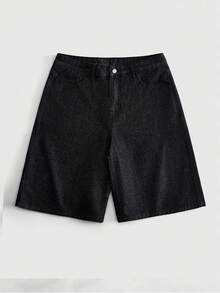ROMWE MEN 男士刺繡圖案寬鬆牛仔短褲 - 黑色 - 查看 3