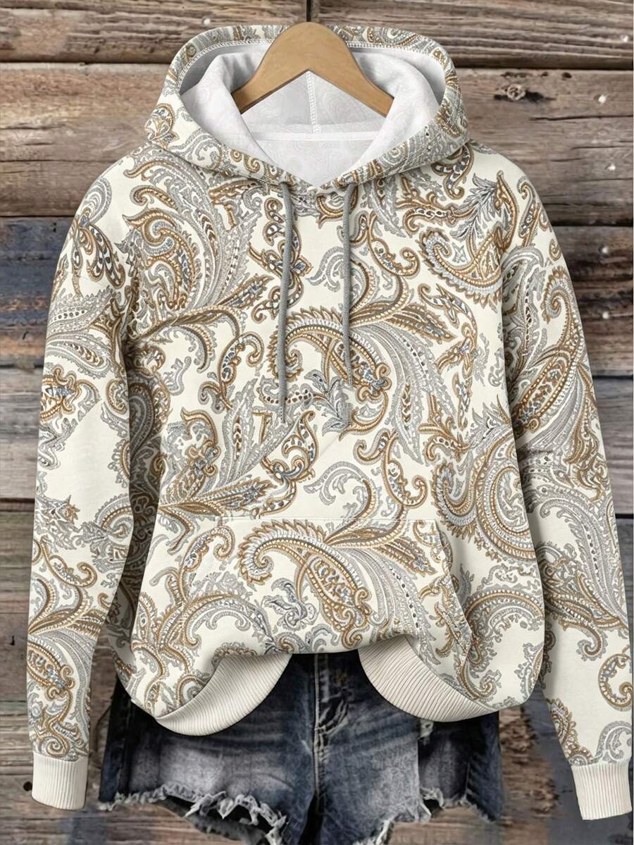 SHEIN LUNE 秋季戶外上衣 女款連帽衛衣 經典米色與佩斯利印花圖案設計 休閒波希米亞風 百搭日常穿著 適合旅行 - 彩色 - 查看 1