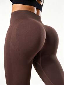 SHEIN Velisys Women's Plus Size Solid Color Ruched Casual Daily Wear Sports Tight Flare Pants - Coffee Brown - View 2