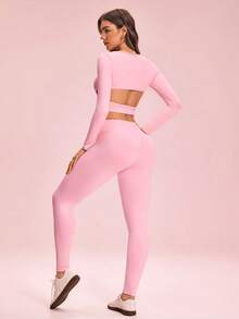 SHEIN Sovereign Charm Women's Solid Color Long Sleeve Top And High Waist Leggings Casual Daily Sports Set - Pink - View 2