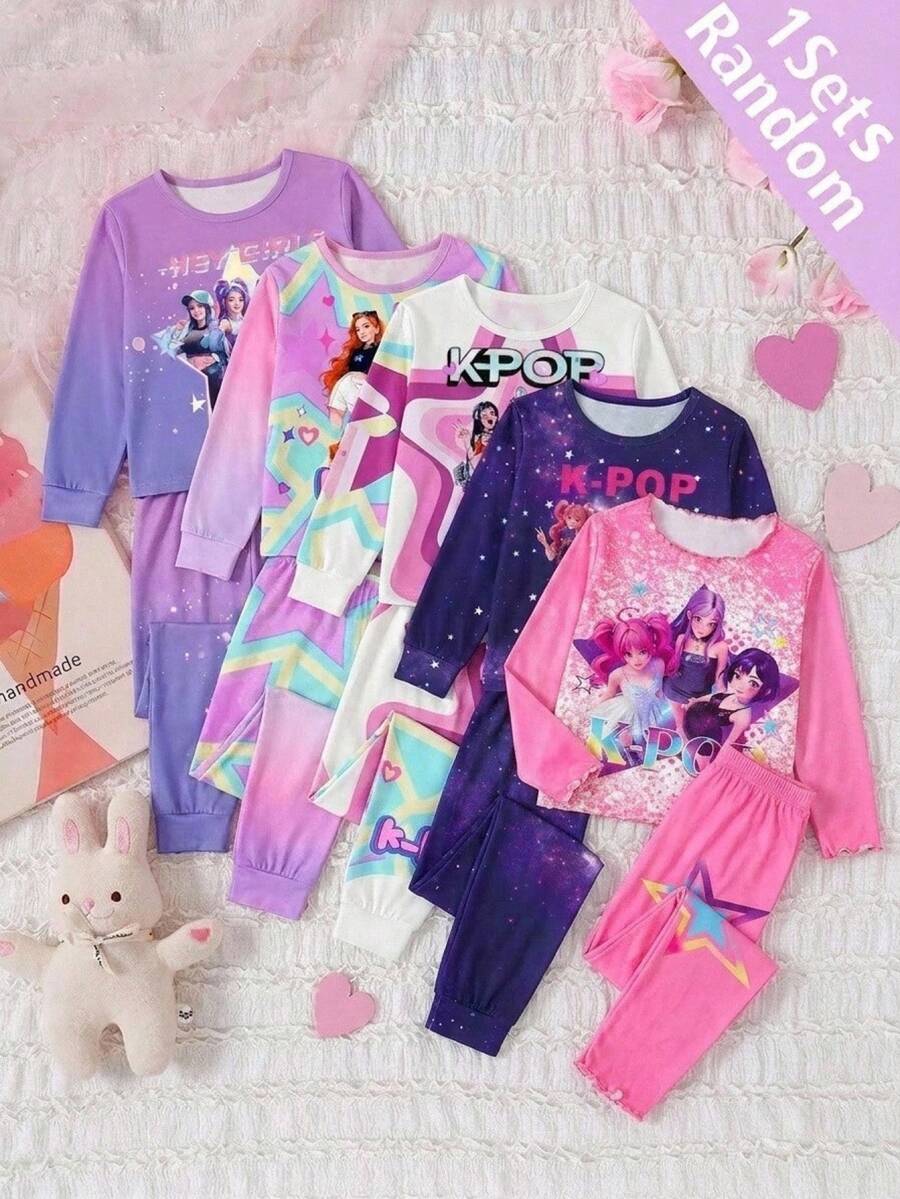 SHEIN Tween女孩 2件組粉色卡通圖案圓領長袖上衣與長褲,柔軟舒適居家睡衣套裝,秋冬長袖長褲居家休閒服套裝,秋冬穿搭 - 粉色 - 查看 1
