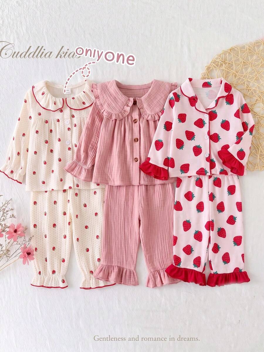 2pcs Baby Girl Cozy Soft Crinkle Fabric Polka Dot Print Collared Button-Up Long Sleeve Pants Pajama Set - Baby Pink - View 1