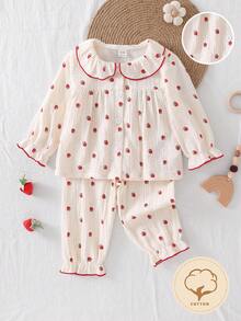 2pcs Baby Girl Cozy Soft Crinkle Fabric Polka Dot Print Collared Button-Up Long Sleeve Pants Pajama Set - Baby Pink - View 3