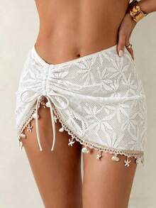 Swim Lushoire Women's Summer Beach Vacation Drawstring Ruched Starfish Shell Tassel Solid Color Special Texture Fabric Split Hem Skirt - White - View 1