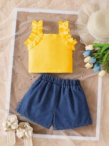 Souflis Souflis Two Pieces Sweet And Playful Sleeveless Pleated Vest Knitted Ribbed T-Shirt Jacket Is Suitable Summer - Yellow - View 2