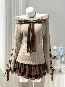 Elamini Autumn/Winter Cable Knit Pullover Sweater, Solid Color Square Neck Bow Design Women's Top, Maillard Style College Sweater - Khaki - View 3
