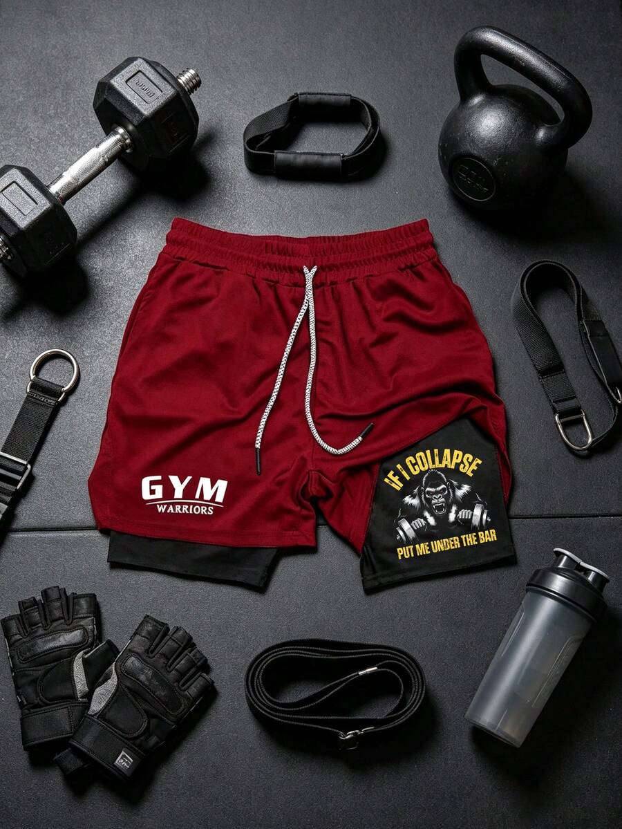 Sport MetroGents 男士抽繩腰字母印花休閒日常雙層運動短褲 - 酒紅色 - 查看 1