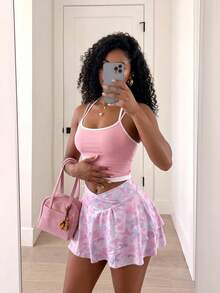 SHEIN Core Rhythm Women's Asymmetric Waist All-Over Print Casual Daily Sports Skort - Pink - View 4