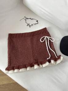 Elamini Colorblock Contrast Trim Ruffle Bow Decor Playful Cute Versatile Autumn/Winter Sweater Skirt - Brown - View 3