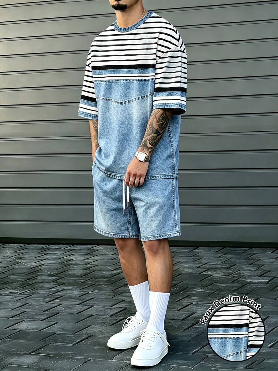 Manfinity Homme 美式復古仿水洗丹寧條紋拼接印花兩件套，街頭風時尚圓領短袖上衣搭配鬆緊腰抽繩短褲，男女款圖案T恤，夏季運動旅行休閒度假兩件套 - 彩色 - 查看 1