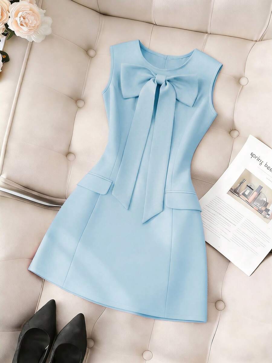 SHEIN Franclia 纯色圆领修身前蝴蝶结无袖女式连衣裙