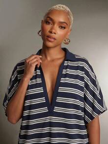 Denimoi Plunge Neck Collared Oversized Striped Polo Top Fashionable Tops - Blue - View 2