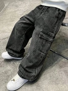 SHEIN 青少年男孩牛仔長褲，夏季，柔軟，棉質，休閒，時尚，百搭，舒適，極簡，全彈性腰帶，工裝多口袋設計，寬鬆直筒褲腿，黑灰色水洗牛仔長褲，適合日常穿著與度假 - 黑色 - 查看 2