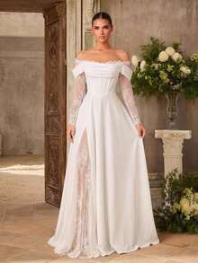Aureia Elegant Luxurious White Elastic Knit Contrast Lace Cold Shoulder Sheer Sleeve Ruched V-Waist A-Line Hem Wedding Event Bridal Gown Evening Dress - White - View 6
