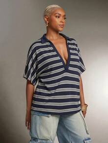 Denimoi Plunge Neck Collared Oversized Striped Polo Top Fashionable Tops - Blue - View 4