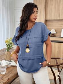 Weeklong Blus Wanita Ukuran Besar Kasual Berlipit Leher Bulat Lengan Dolman Longgar, Cocok untuk Pakaian Sehari-hari dan Liburan - Biru - View 4