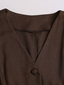 Sweetra Vintage Commuter Minimalist Intellectual Casual Young Lady Simple Business Daily Commute Business Meeting Afternoon Tea Top V-Neck Sleeveless Front Placket Three Same-Color Buttons High-Waist Pleated Wide-Leg Two Pieces Set - Brown - View 6