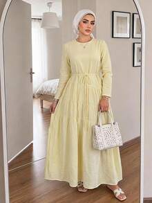 Solavon Plus Size Women Solid Color Waist Knot Pleated Casual Elegant Party Formal Wedding Guest Dress Autumn Butter Yellow - Light Yellow - View 3