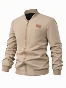 Manfinity Homme Men's Khaki Long Sleeve Zipper Minimalist Patch Solid Color Fashion Plus Size Jacket - Khaki - View 3