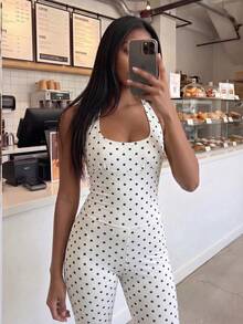 FavEase 女款修身波點貼身連身褲 夏季款 - 黑與白 - 查看 4