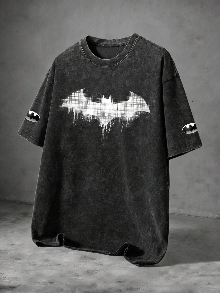 BATMAN X SHEIN Manfinity EMRG 男士圓領休閒日常穿著雪洗水色 T-shirt - 黑色 - 查看 1