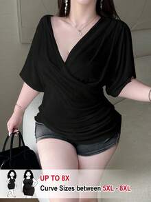 SHEIN CURVE+ 大尺碼女款新款黑色交叉設計百褶V領寬鬆長袖上衣，收腰優雅T恤，休閒T恤，外套式T恤，適合日常穿著、辦公室、返校季、感恩節、度假、學校假期、生日派對、音樂節、情人節、秋季T恤 - 黑色 - 查看 1