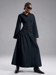 LYSMO Women's Front Button Long Side Slit Dress Dinner Office Black Autumn Elegant - Navy Blue - View 4