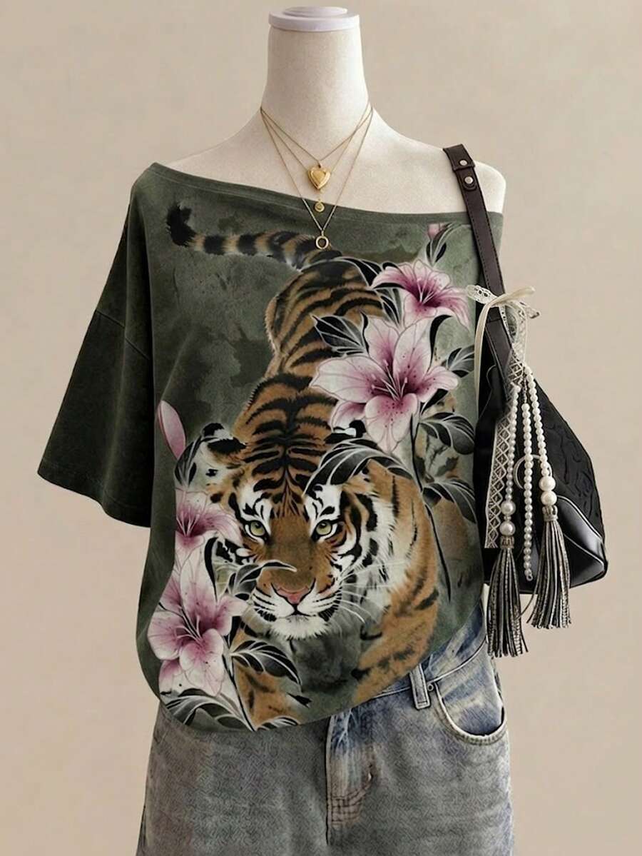 Lalippa Tiger Pattern Digital Print Fashionable Minimalist Women's Round Neck T-Shirt, Gift For Friends - Multicolor - View 1