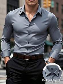 Manfinity Mode Camisa de manga larga para hombre de color gris oscuro con contraste, cuello de solapa, botones regulares, estilo de negocios y de oficina - Gris Oscuro - Ver 5