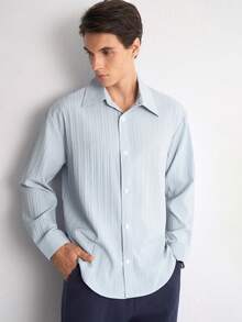 Manfinity Homme Men's Solid Color Single-Breasted Casual Commute Long Sleeve Shirt Birthday Graduation Light Blue Autumn - Blue - View 5