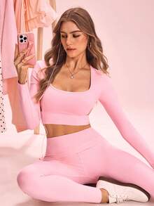 SHEIN Sovereign Charm Women's Solid Color Long Sleeve Top And High Waist Leggings Casual Daily Sports Set - Pink - View 4