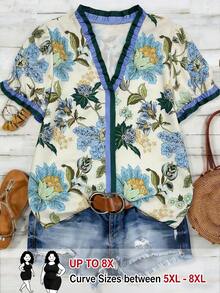 SHEIN CURVE+ Plus Size Woven Printed Casual Resort Summer Women's Shirt - Multicolor - View 1