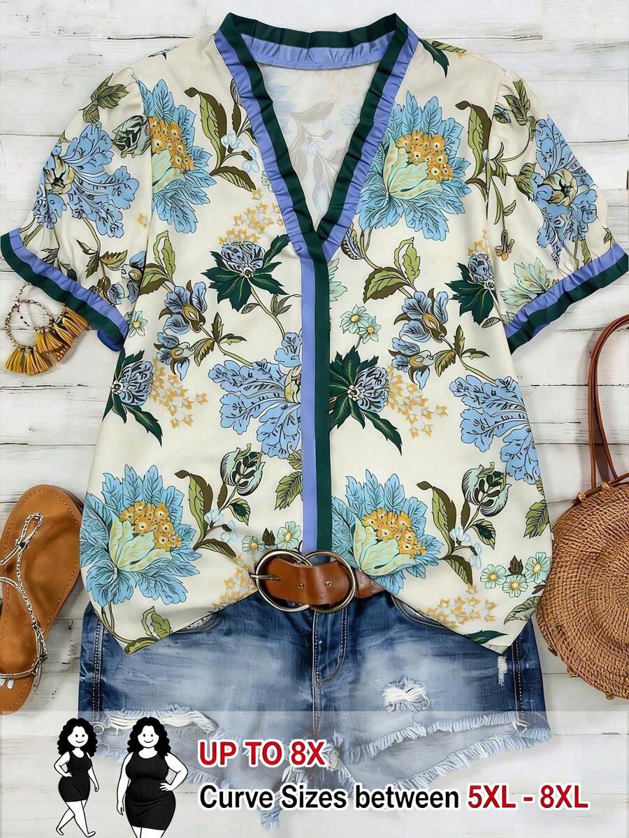SHEIN CURVE+ Plus Size Woven Printed Casual Resort Summer Women's Shirt - Multicolor - View 1