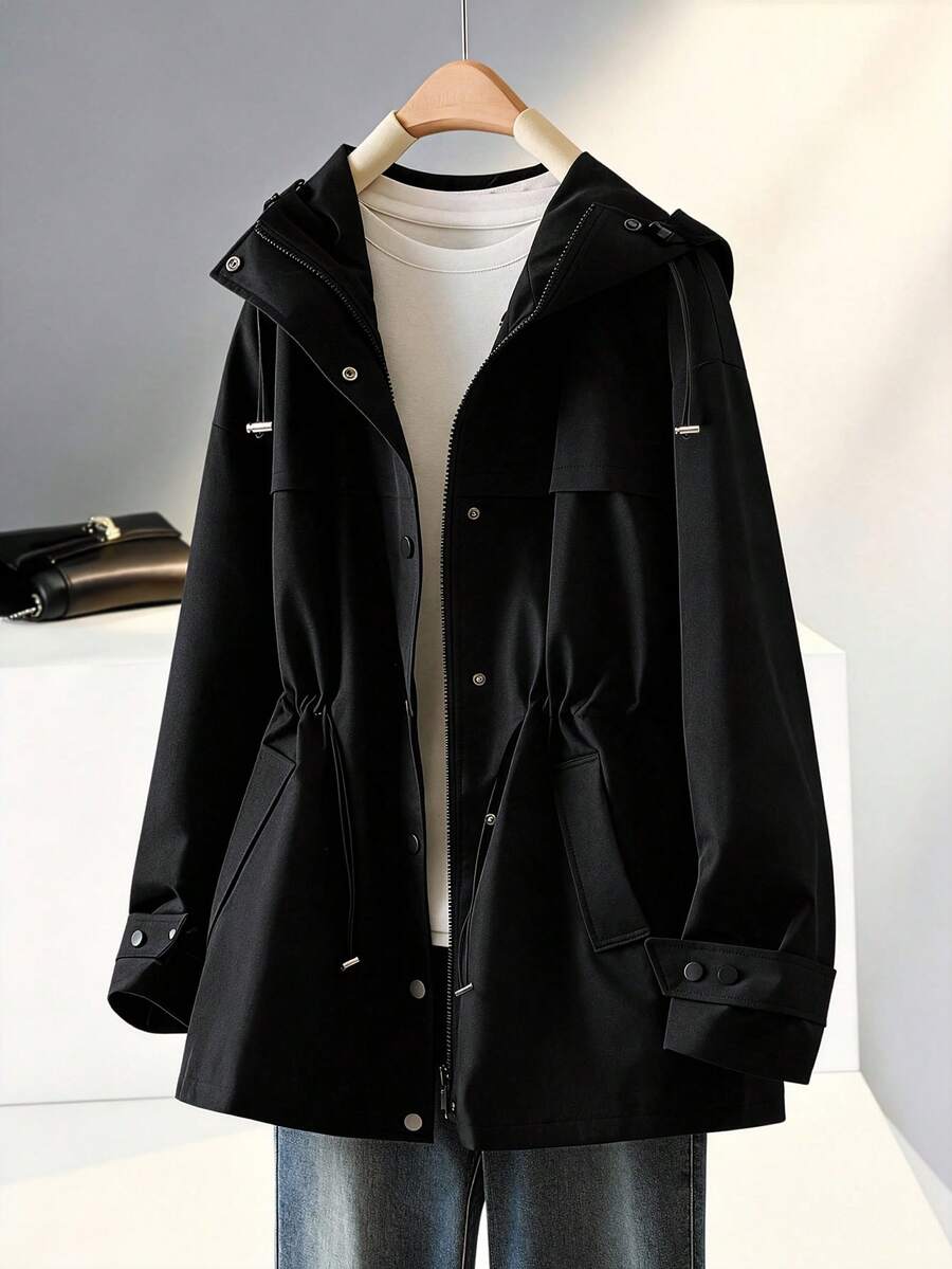 GlowEve CURVE Plus Size Women's Best-Selling Elegant Solid Color Hooded Trench Coat, Slimming Minimalist Cinched Waist Design With Multi-Layer Multi-Functional Pockets, Suitable For Daily Wear, Commuting, Dating And Gatherings - Black - View 1