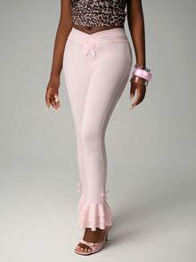 Nooralise Women's Autumn Pink Sweet Style Criss-Cross Elastic Waist Bow Decor Slim Fit Ankle Pants, Ruffle Hem Stretch Slim Fit Casual Trousers, Suitable For Daily, Home, And Outdoor Wear - Pink - View 6