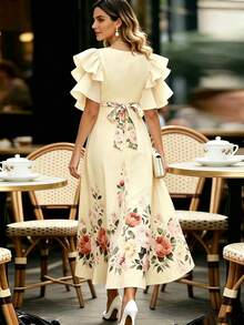 Balvessa Commuter Fashion Elegant Long Multi-Layer Ruffle Dress - Pale Yellow - View 2