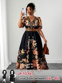 SHEIN CURVE+ فستان نسائي عصري ملائم لأحجام كبيرة من 5XL إلى 8XL، ذو ياقة على شكل حرف V وأكمام قصيرة، مع تحديد الخصر، مطبوع بطبعات بوهيمية لعطلة شاطئ تايلاند والمالديف، مناسب للربيع والصيف - متعدد الألوان - مشاهدة 1