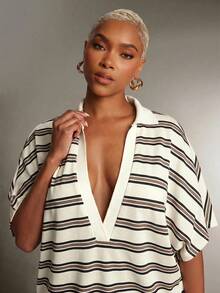 Denimoi Plunge Neck Collared Oversized Striped Polo Top Fashionable Tops - Apricot - View 2